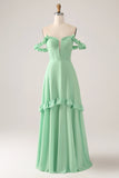 Groene A Line Off The Shoulder Corset Maxi Bruidsmeisje Jurk Met Ruches