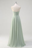 Matcha A Line strapless chiffon lange bruidsmeisjesjurk met ruches