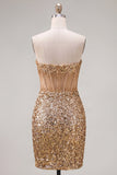 Glitterende gouden Bodycon Sweetheart doorschijnende korsetpailletten Homecoming jurk