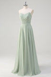 Matcha A Line strapless chiffon lange bruidsmeisjesjurk met ruches