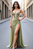 Groene zeemeermin spaghettibandjes appliques Prom jurk met split
