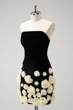 Zwarte Strapless Bodycon Korte Homecoming Jurk met 3D Bloemen