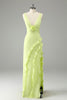 Afbeelding in Gallery-weergave laden, Lime diepe V-hals ruches bruiloft gast jurk met split