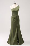 Olive One Shoulder zeemeermin satijnen lange bruidsmeisjesjurk