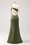 Olive One Shoulder zeemeermin satijnen lange bruidsmeisjesjurk