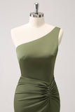 Olive One Shoulder zeemeermin satijnen lange bruidsmeisjesjurk