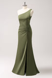 Olive One Shoulder zeemeermin satijnen lange bruidsmeisjesjurk