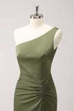 Olive One Shoulder zeemeermin satijnen lange bruidsmeisjesjurk