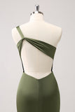 Olive One Shoulder zeemeermin satijnen lange bruidsmeisjesjurk