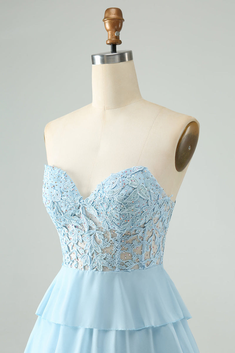 Afbeelding in Gallery-weergave laden, Lichtblauwe A Line Sweetheart gelaagde korte Homecoming jurk met appliques