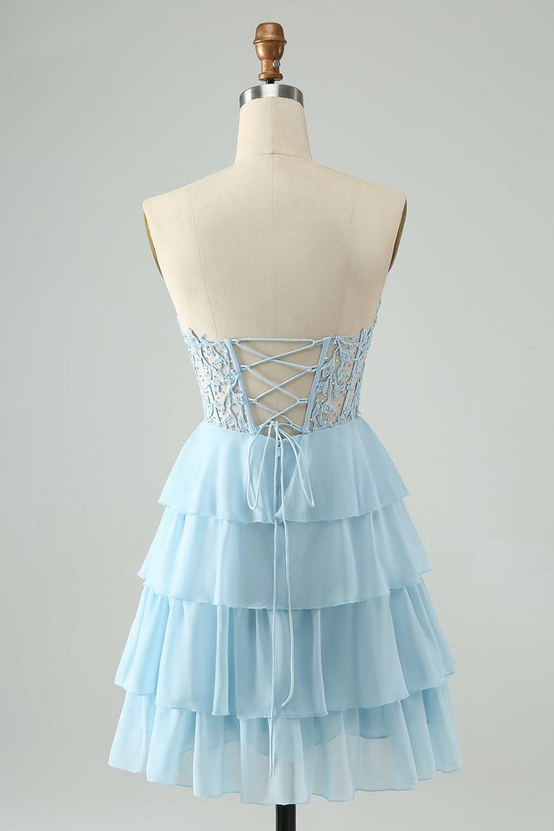 Afbeelding in Gallery-weergave laden, Lichtblauwe A Line Sweetheart gelaagde korte Homecoming jurk met appliques