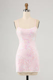 Roze Spaghetti Bandjes Bodycon Homecoming Jurk met Kriskras Rug