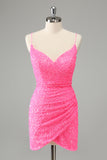 Glitter Hot Pink Bodycon Spaghetti Bandjes Pailletten Korte Homecoming Jurk