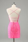 Glitter Hot Pink Bodycon Spaghetti Bandjes Pailletten Korte Homecoming Jurk