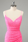 Glitter Hot Pink Bodycon Spaghetti Bandjes Pailletten Korte Homecoming Jurk