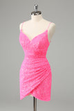 Glitter Hot Pink Bodycon Spaghetti Bandjes Pailletten Korte Homecoming Jurk