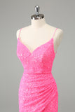 Glitter Hot Pink Bodycon Spaghetti Bandjes Pailletten Korte Homecoming Jurk