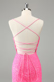 Glitter Hot Pink Bodycon Spaghetti Bandjes Pailletten Korte Homecoming Jurk