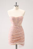 Blush Bodycon Strapless Holle Out pailletten Ruched Homecoming Dress met kwast