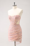 Blush Bodycon Strapless Holle Out pailletten Ruched Homecoming Dress met kwast