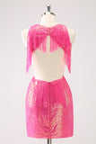 Sprankelende Fuchsia V-hals Backless Tight Homecoming Jurk met kwastje