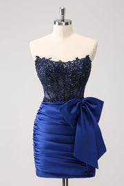 Sprankelende Navy Strapless Kralen Appliques Strakke Homecoming Jurk