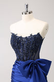 Sprankelende Navy Strapless Kralen Appliques Strakke Homecoming Jurk