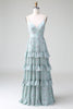 Afbeelding in Gallery-weergave laden, Grijs groene spaghettibandjes lange bruidsmeisje jurk met ruches