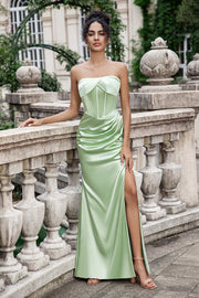 Schede korset strapless lange groene bruidsmeisjesjurk met split