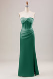 Schede korset strapless lange groene bruidsmeisjesjurk met split