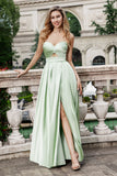 Groene A Line Geplooide Strapless Keyhole Maxi Bruidsmeisje Jurk Met Split