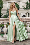 Groene A Line Geplooide Strapless Keyhole Maxi Bruidsmeisje Jurk Met Split