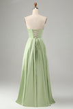 Groene A Line Geplooide Strapless Keyhole Maxi Bruidsmeisje Jurk Met Split