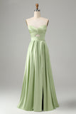 Groene A Line Geplooide Strapless Keyhole Maxi Bruidsmeisje Jurk Met Split