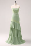 Groene Bloemen Ruffled Chiffon Bruidsmeisje Jurk met Kant