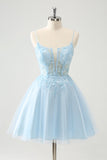 Leuke Glitter A Line Beaded Corset Tule Blue Homecoming Dress met Appliques