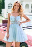 Leuke Glitter A Line Beaded Corset Tule Blue Homecoming Dress met Appliques