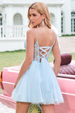 Leuke Glitter A Line Beaded Corset Tule Blue Homecoming Dress met Appliques