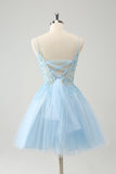 Leuke Glitter Blauwe A Line Beaded Corset Tule Homecoming Jurk met Appliques