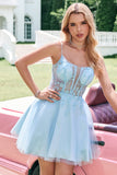 Leuke Glitter A Line Beaded Corset Tule Blue Homecoming Dress met Appliques