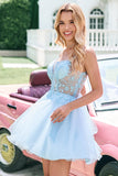 Leuke Glitter A Line Beaded Corset Tule Blue Homecoming Dress met Appliques