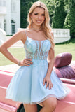 Leuke Glitter A Line Beaded Corset Tule Blue Homecoming Dress met Appliques