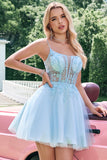 Leuke Glitter A Line Beaded Corset Tule Blue Homecoming Dress met Appliques