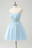 Leuke Glitter Blauwe A Line Beaded Corset Tule Homecoming Jurk met Appliques