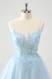 Leuke Glitter Blauwe A Line Beaded Corset Tule Homecoming Jurk met Appliques