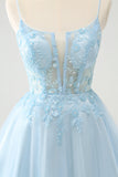 Leuke Glitter Blauwe A Line Beaded Corset Tule Homecoming Jurk met Appliques