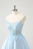 Leuke Glitter Blauwe A Line Beaded Corset Tule Homecoming Jurk met Appliques