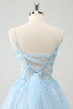 Leuke Glitter Blauwe A Line Beaded Corset Tule Homecoming Jurk met Appliques