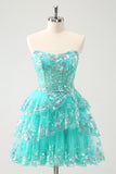 Leuke Glitter Groene A Line Strapless Lovertjes Gelaagd Korset Homecoming Jurk