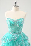 Leuke Glitter Groene A Line Strapless Lovertjes Gelaagd Korset Homecoming Jurk